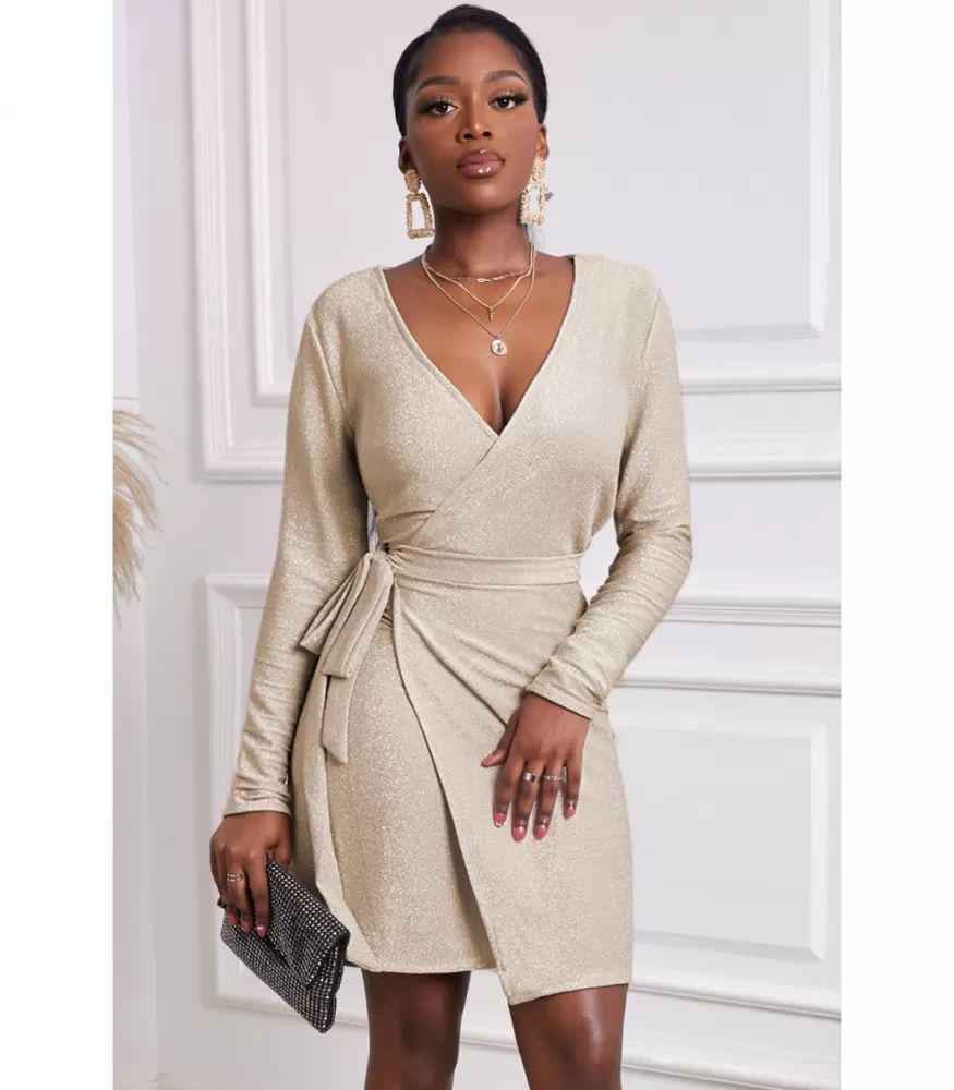 Apricot Long Sleeve Metal Glitter Wrap Look V-Dress [DISCOVERY]