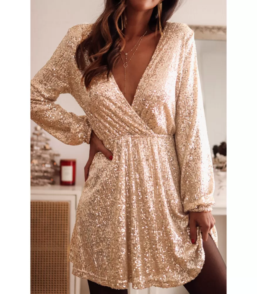 Apricot Long Sleeve Wrap-Look V-Sequined Dress