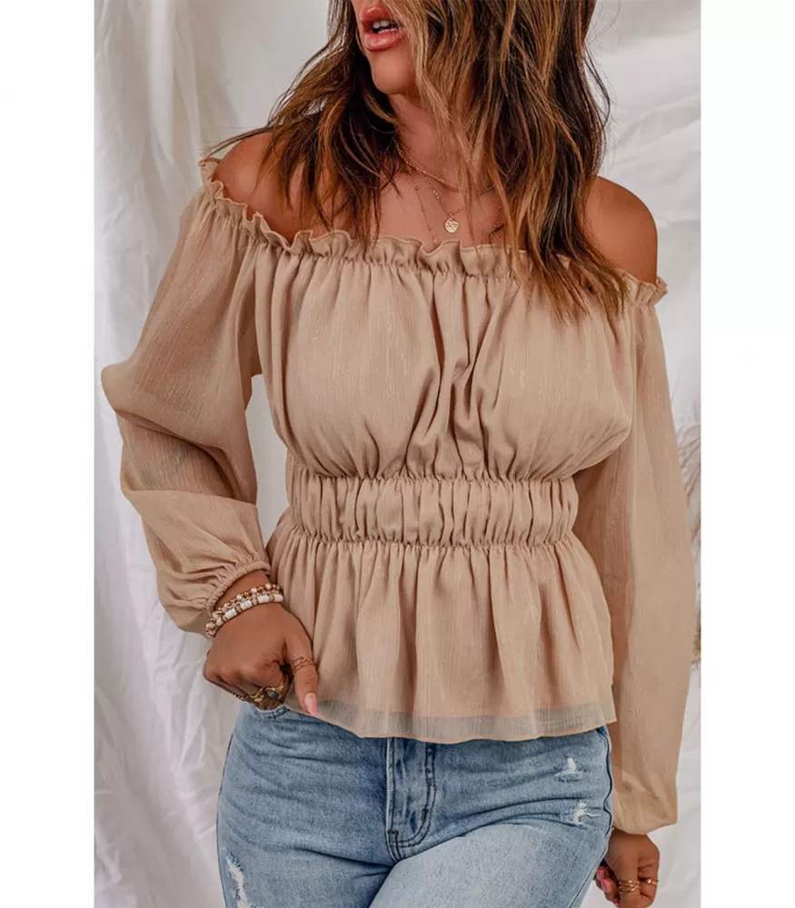 Apricot off-shoulder blouse with bag sleeves