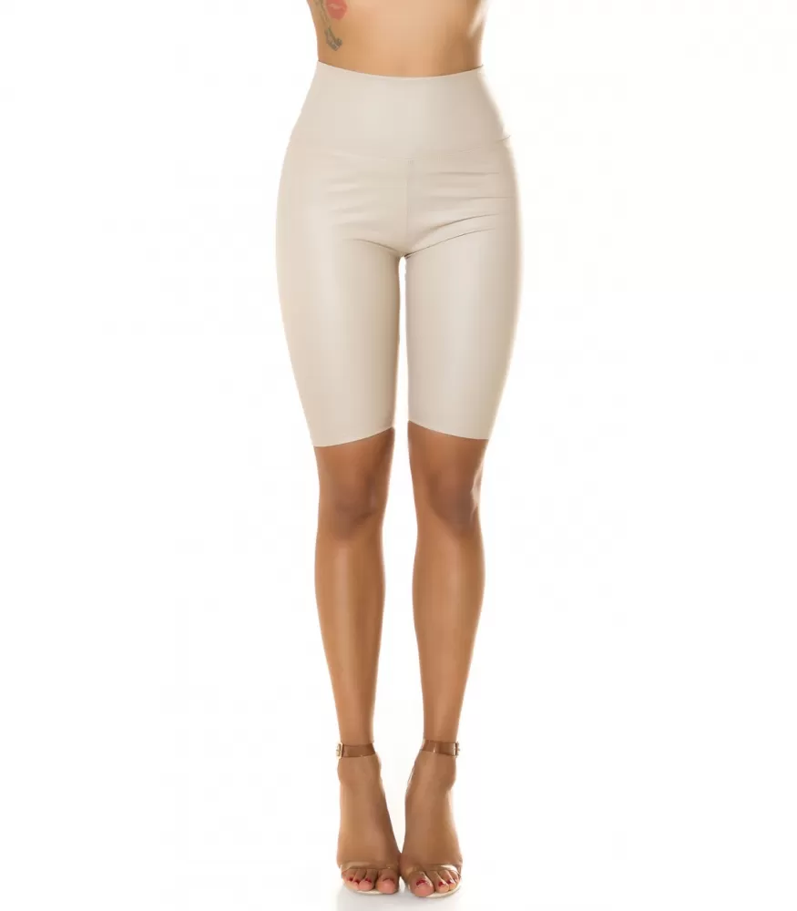 Beige high-waisted faux leather biker shorts