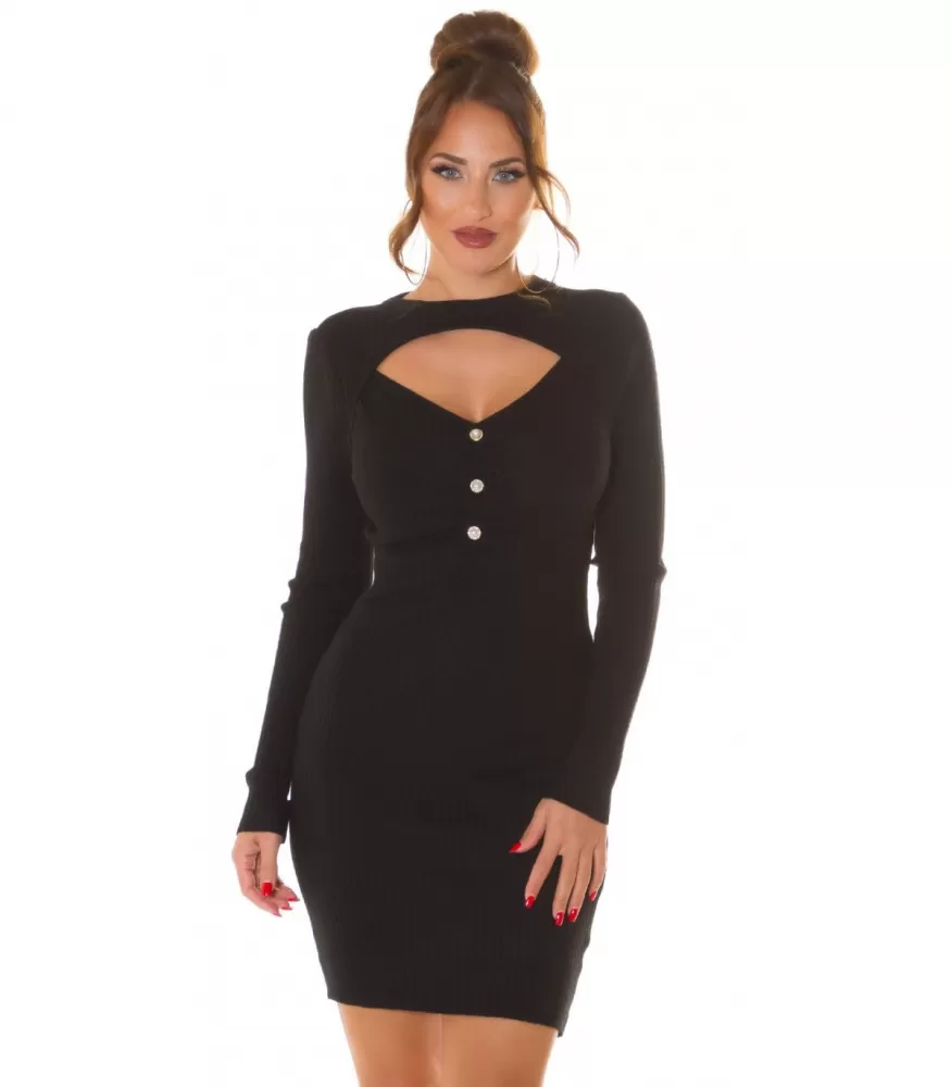 Black 2in1 v-ribbed sweater dress with peephole and beads