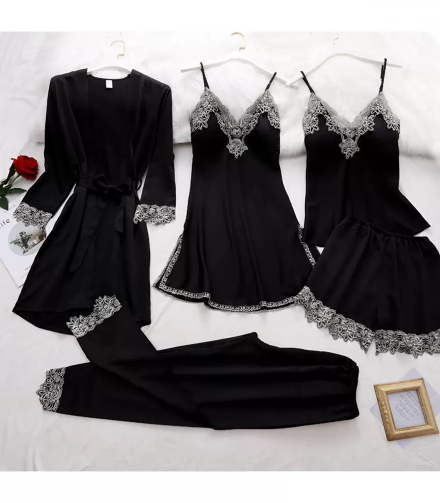 Black 5-Piece Satin Dressing Gown &amp; Pajama Set