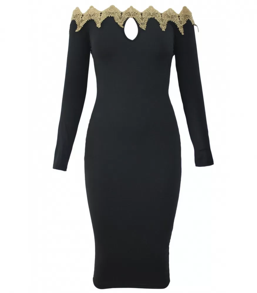 Black Gold Embroidered Off-Shoulder Mid dress [LAST CHANCE]