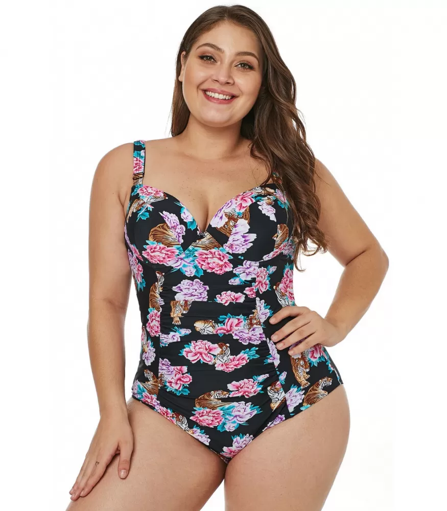 Black Tiger and floral pattern Swimsuit