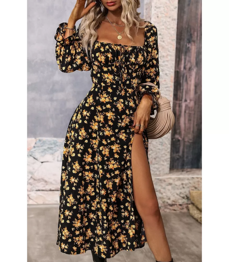 Black and yellow floral pattern baggy sleeved dress with slit