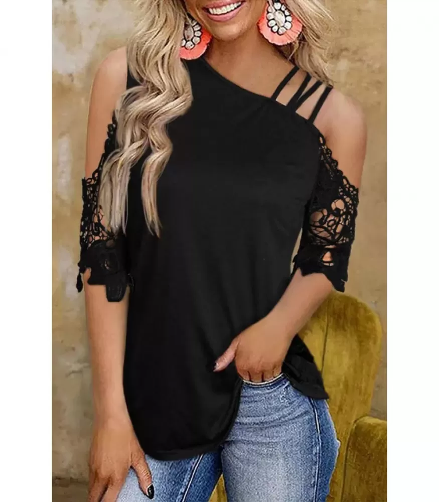 Black asymmetric shirt with crocheted sleeves