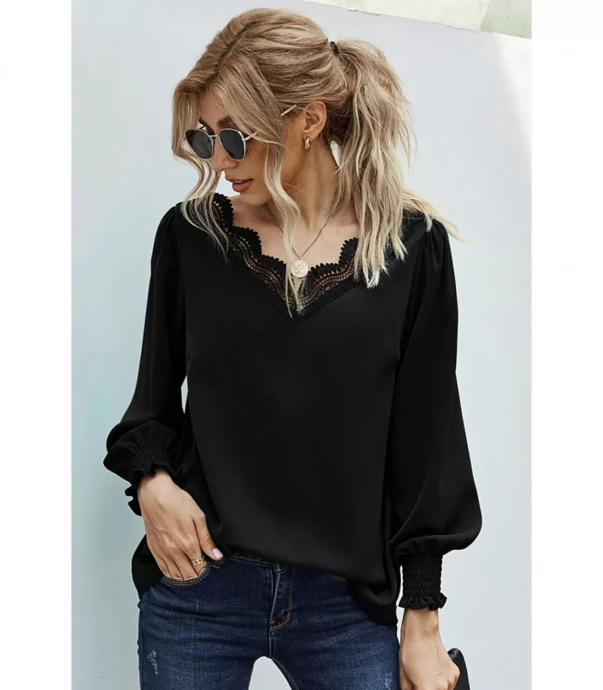 Black baggy sleeved blouse with lace collar