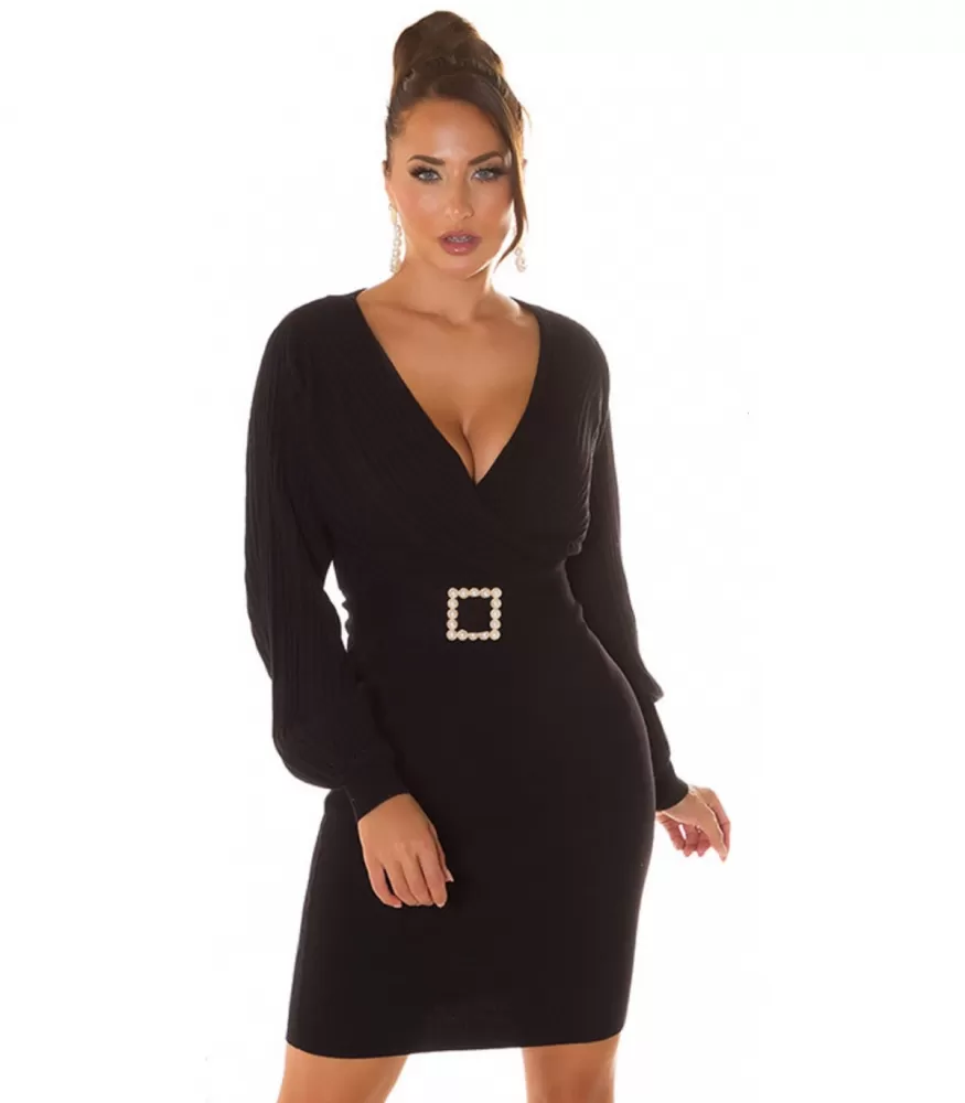 Black baggy sleeved v-knit dress with bead belt