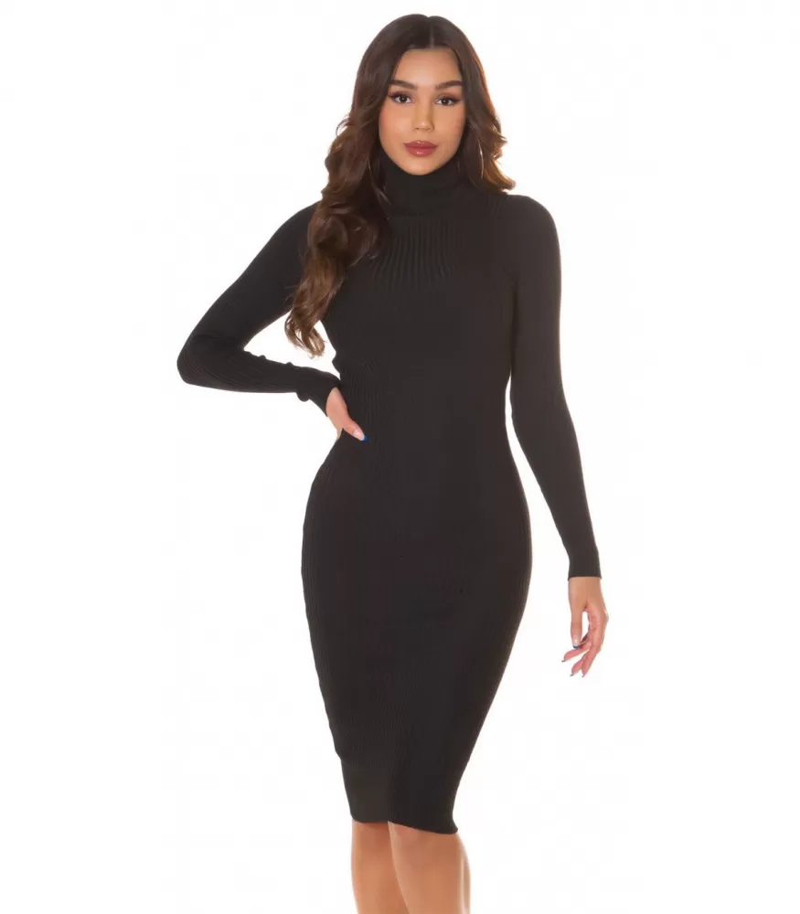 Black basic high-collared midiribbine sweater dress