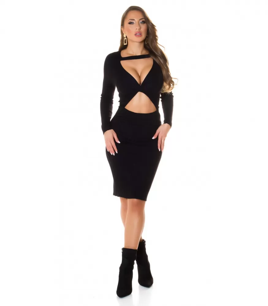 Black cut-out knit dress with peek at the opening
