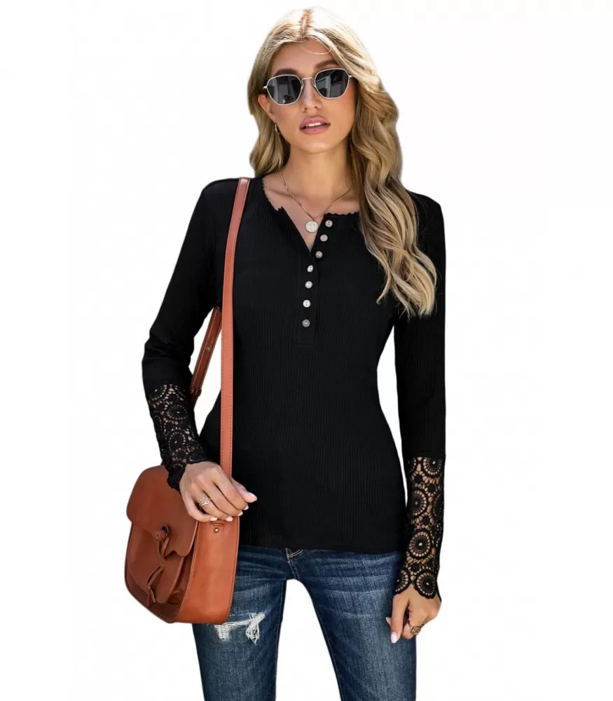 Black decorative embroidered ribbed shirt with buttons