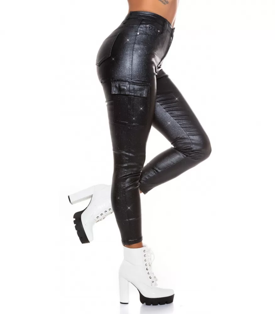 Black faux leather thigh pocket pants with glitter