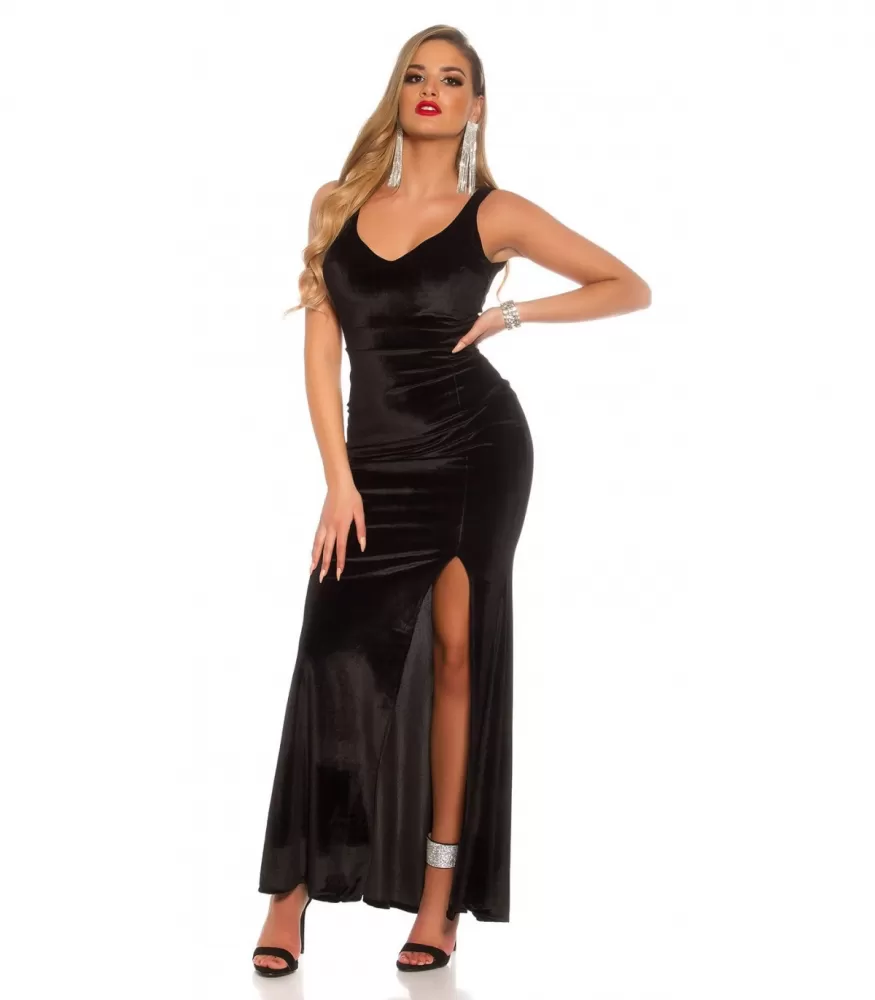 Black faux suede long v-dress with slit