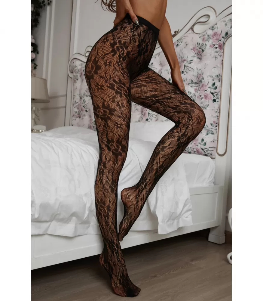 Black fishnet tights with floral patterns