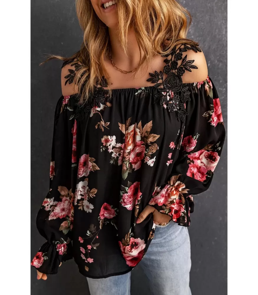 Black floral pattern blouse with decorative embroidered straps