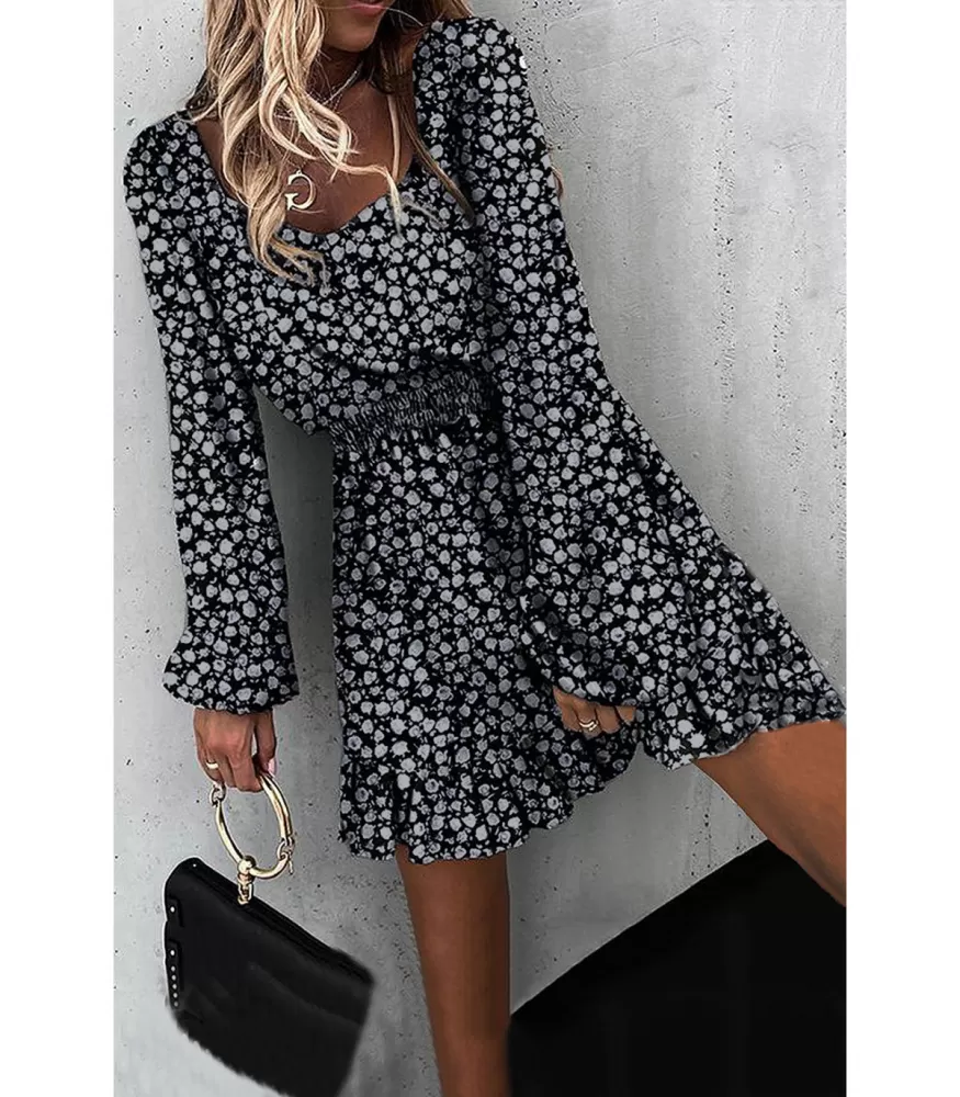 Black grey print pattern long sleeve dress