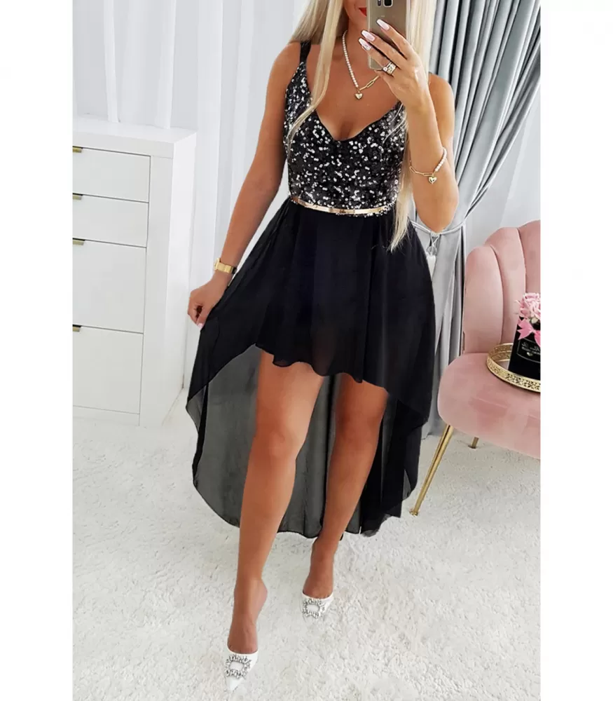 Black high low dress with sequined ornaments
