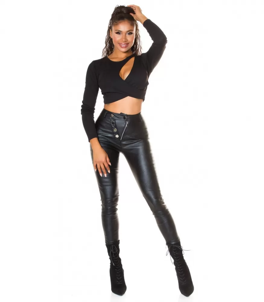 Black high-waisted faux leather trousers with buttons and zipper