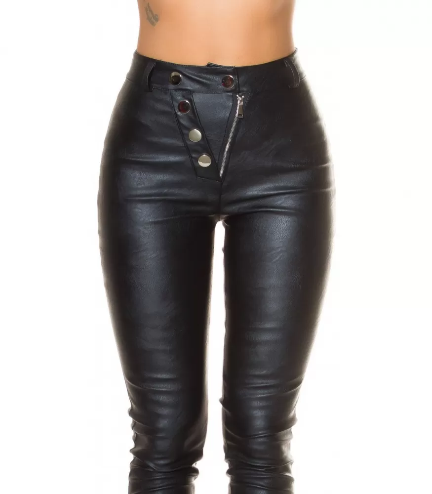 Black high-waisted faux leather trousers with buttons and zipper