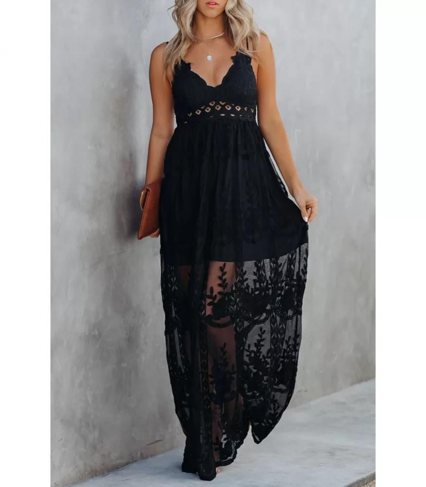 Black lace embroidered maxi dress