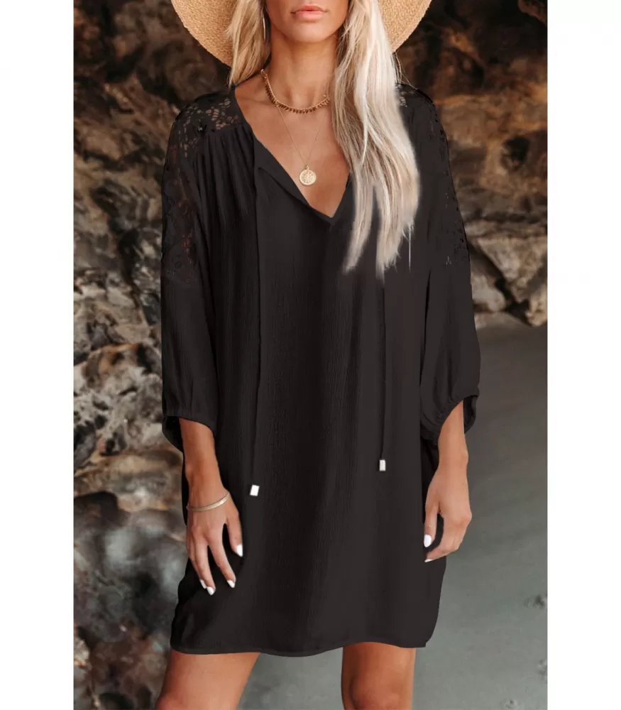 Black lace embroidery embellished beach tunic