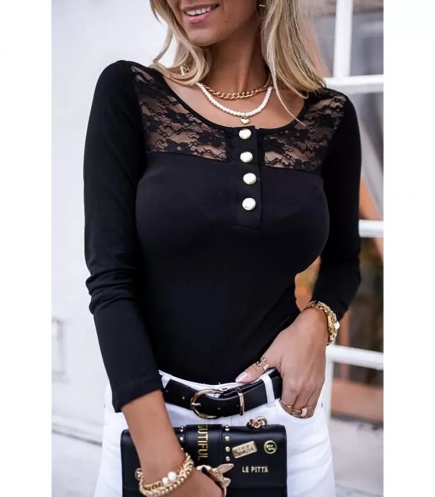 Black lace-ornamented shirt with buttons
