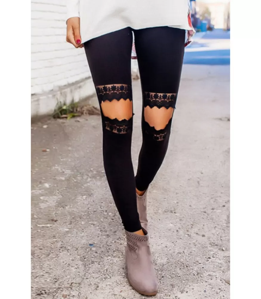 Black lace-orned leggings with slits