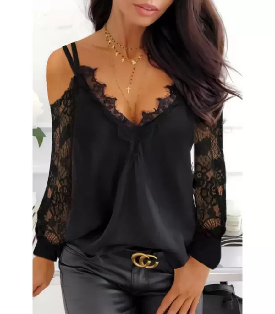 Black lace-sleeved v-blouse with shoulder slits