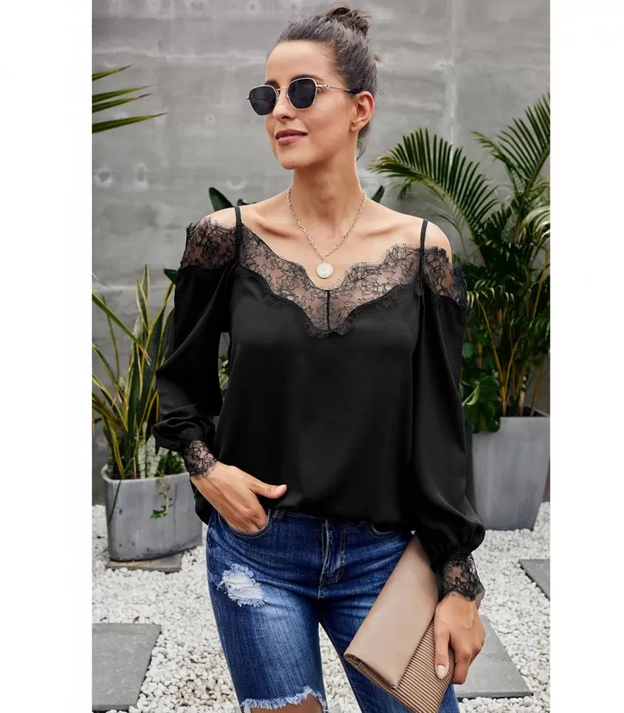 Black lace-stained blouse with shoulder shreds