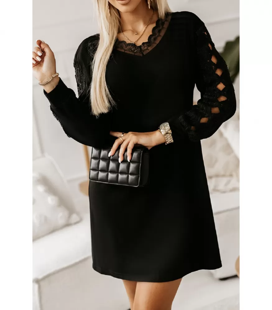 Black lace-trimmed loose-fitting dress with checkered sleeves