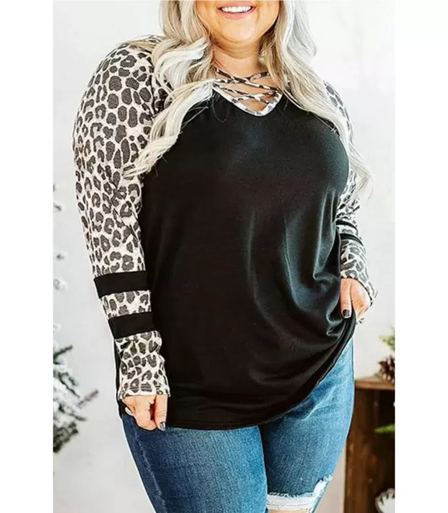 Black leopard print shirt with trusses (plus size)
