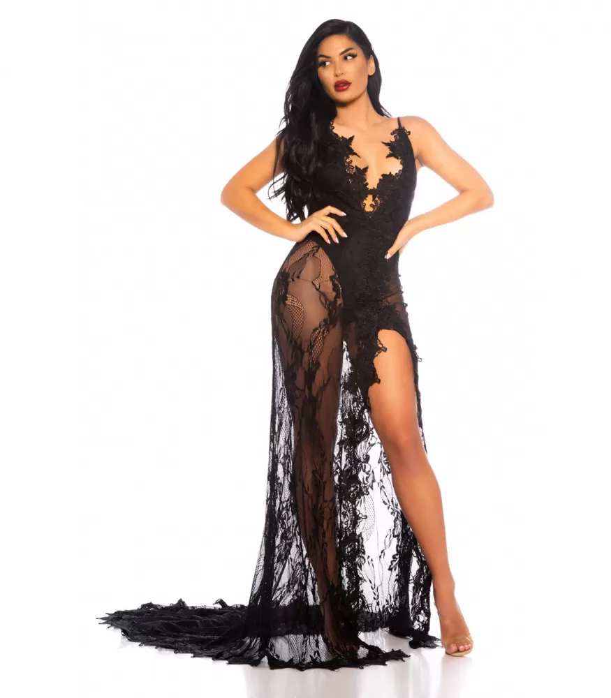 Black long lace v-body dress