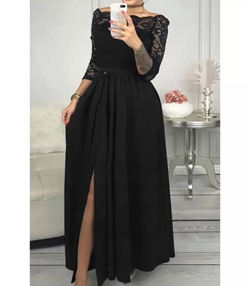 Black long party dress with lace and slit