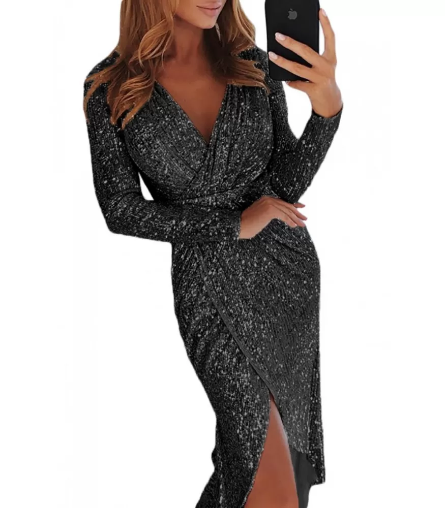 Black long sleeve v-wrap sequin dress