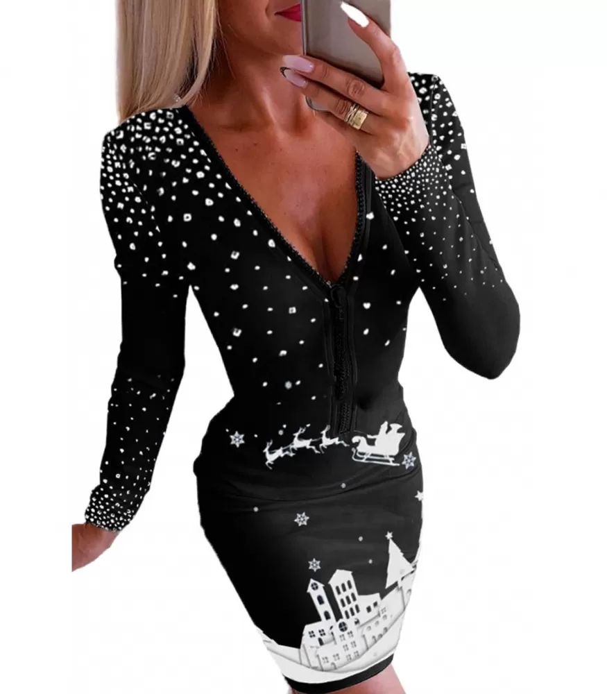 Black long-sleeved reindeer print zip dress [LAST CHANCE]