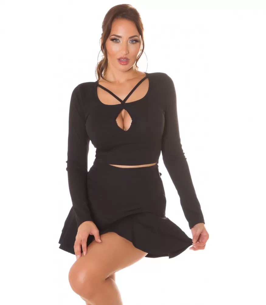 Black long-sleeved short shirt with peek hole and straps