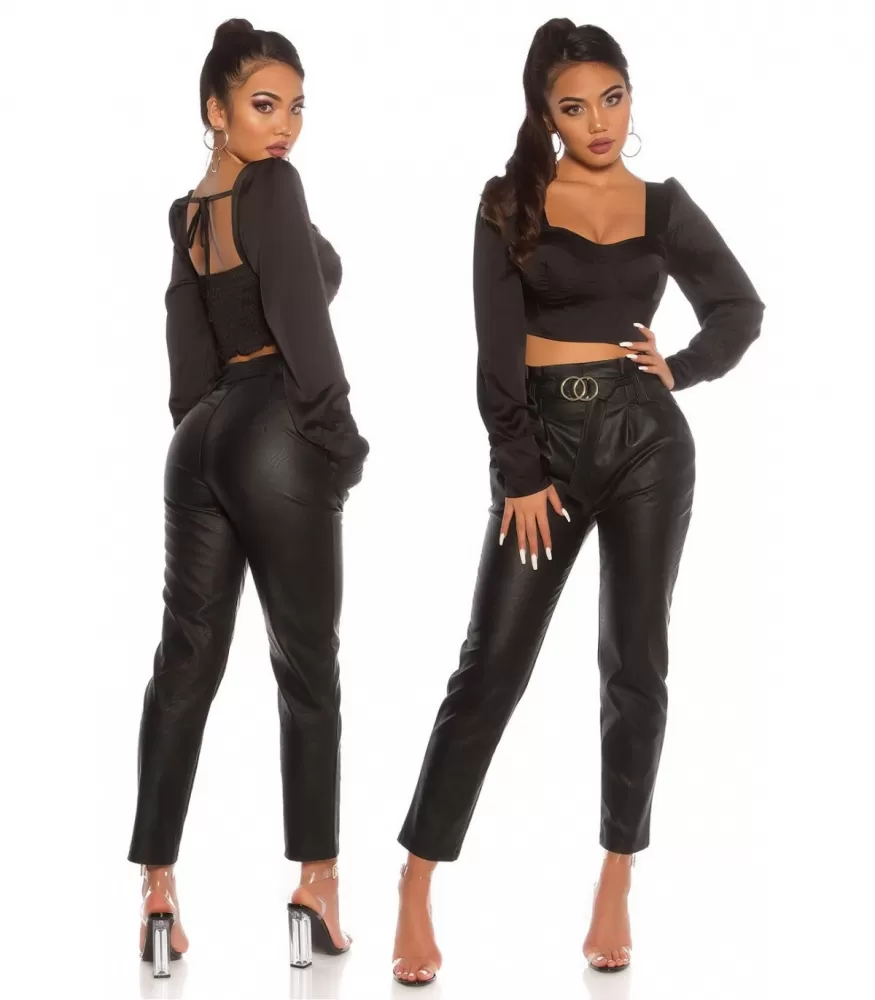 Black loose faux leather pants with belt