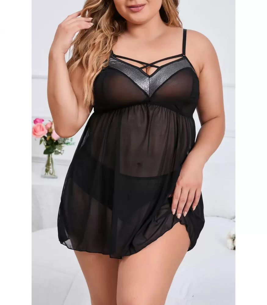 Black mesh babydoll with straps and metal effect (plus size)