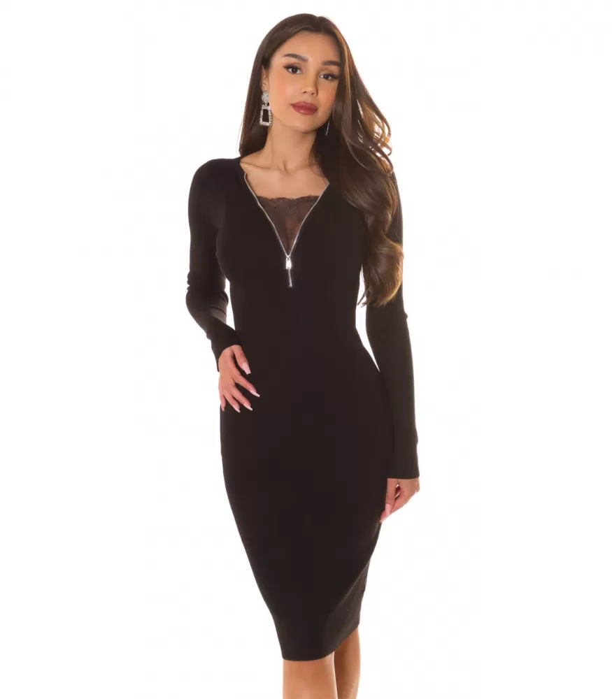 Black midi sweater dress with lace and zipper