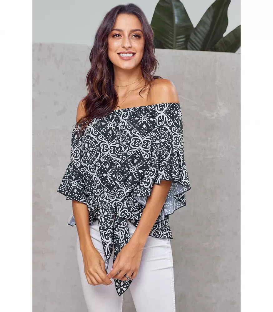 Black print off-shoulder blouse with ribbons