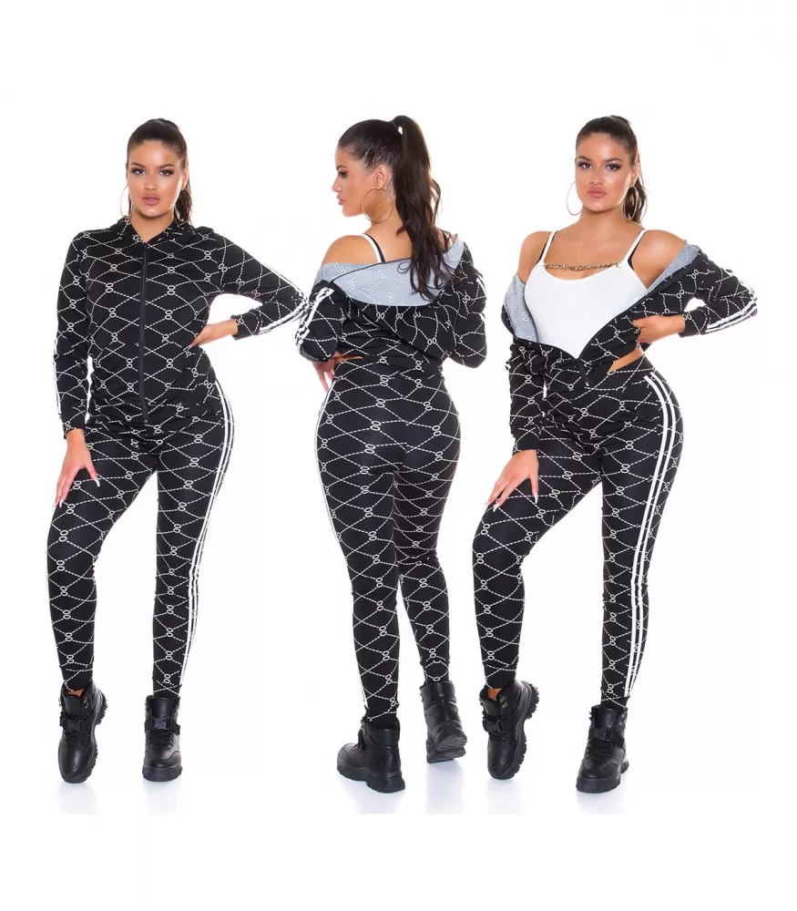 Black print pattern jogger set with double stripes