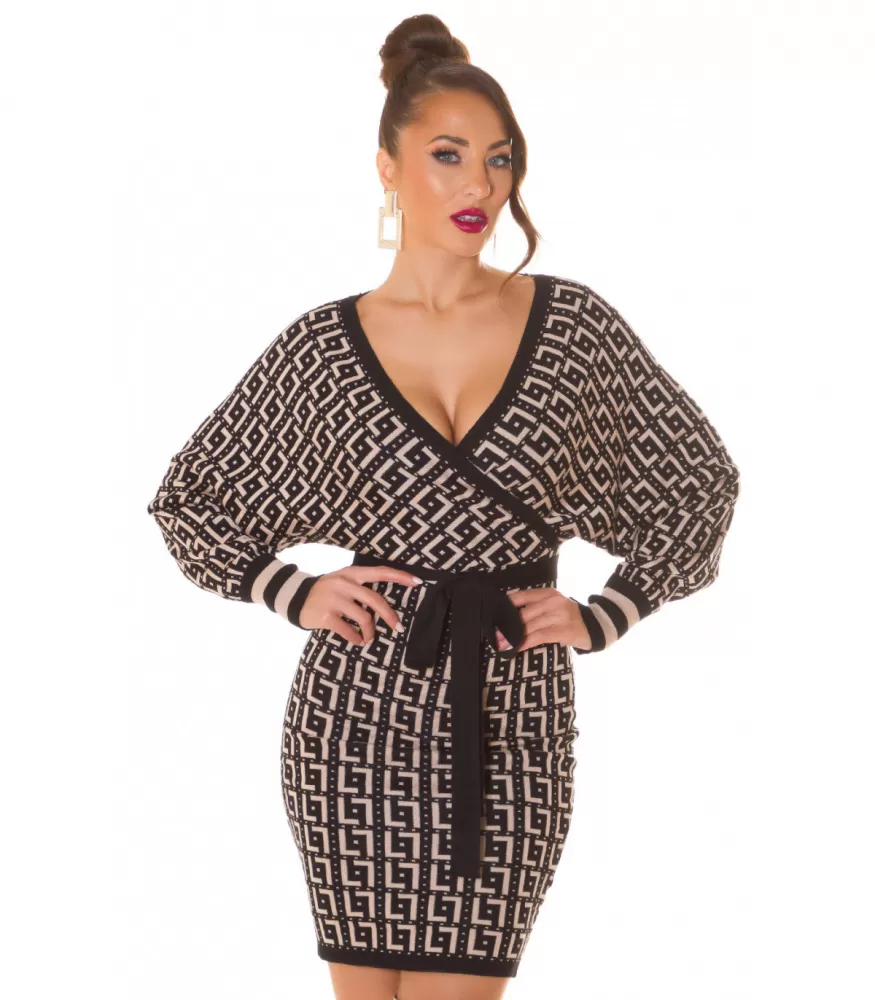 Black print pattern wrap-look v-knit dress with bat sleeves and belt