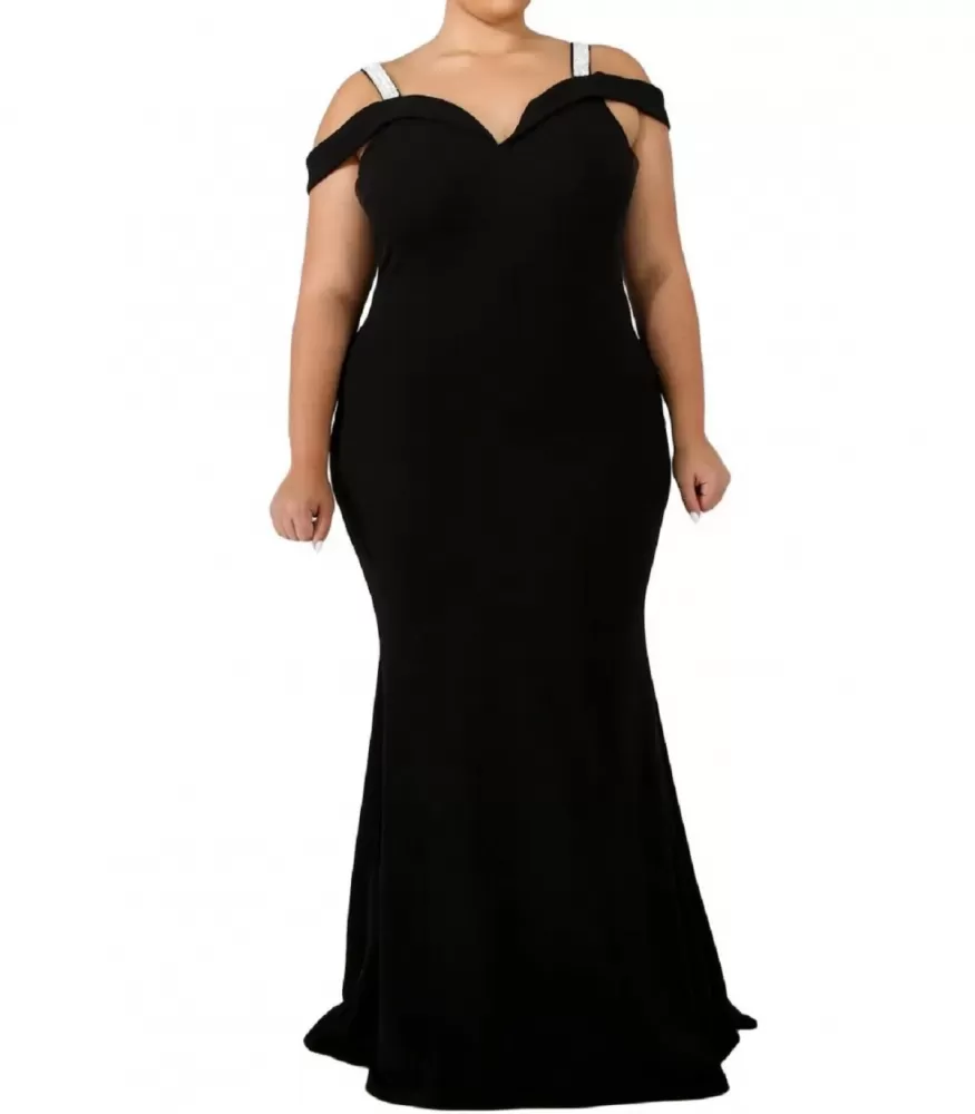 Black rhinestone-shouldered long party dress (plus size) [BLACK WEEK -25%]