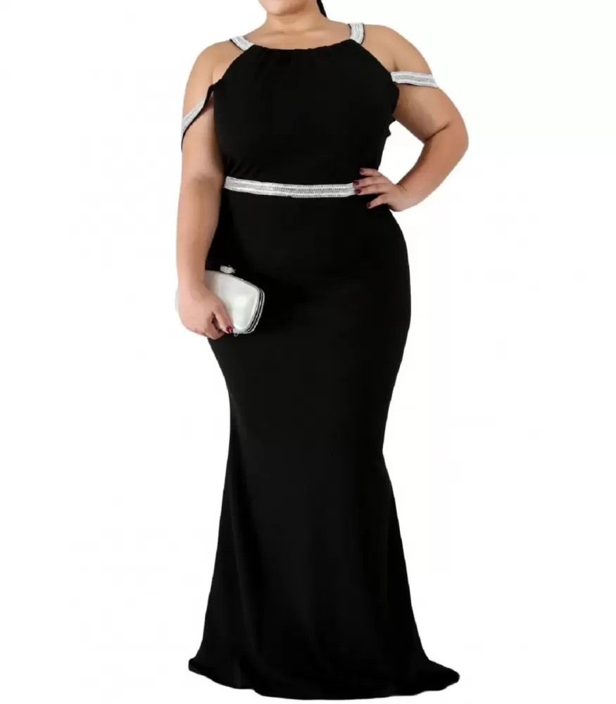 Black rhinestone tailored long party dress (plus size) [LAST CHANCE]