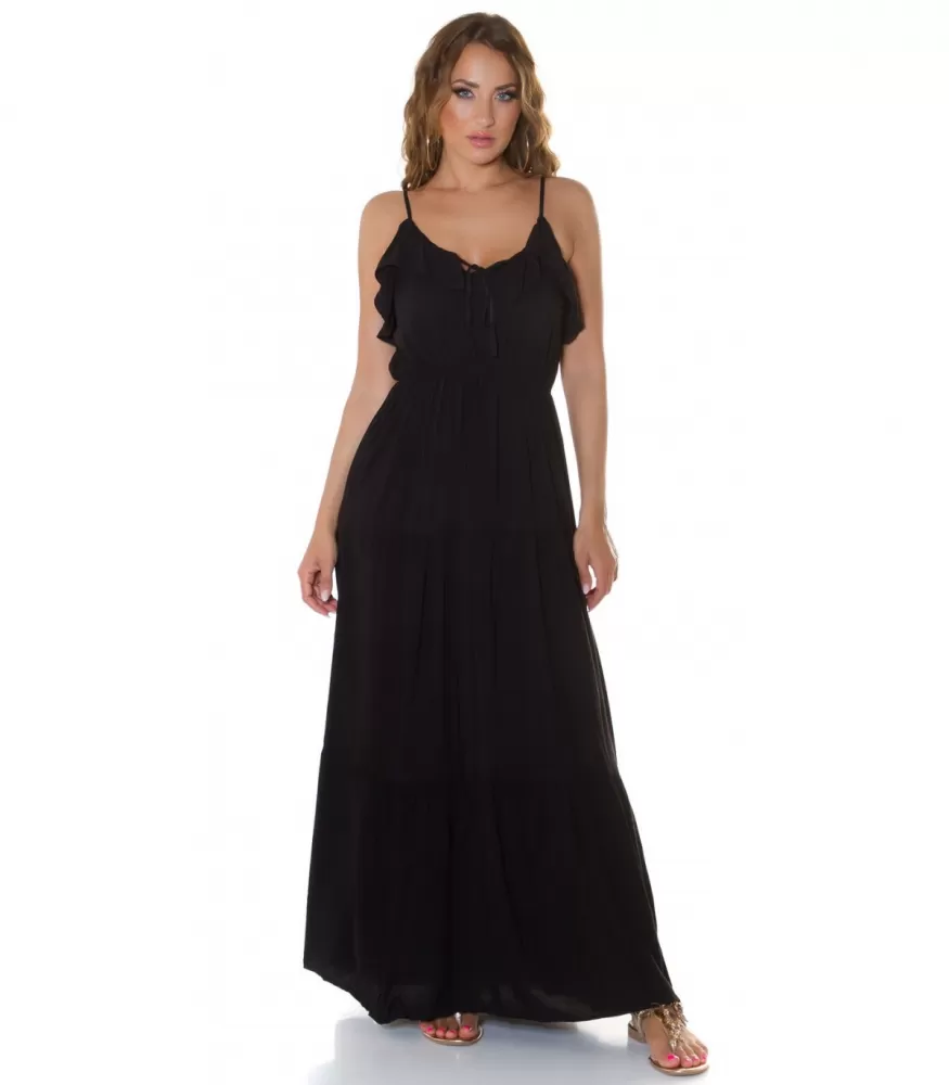 Black ruffle-encrusted maxi dress