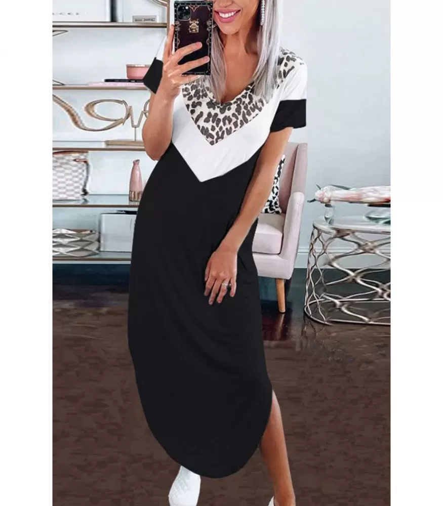 Black short-sleeved midi dress with Leo pattern
