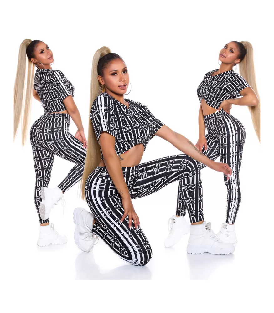 Black short-sleeved print pattern jogger set with stripes
