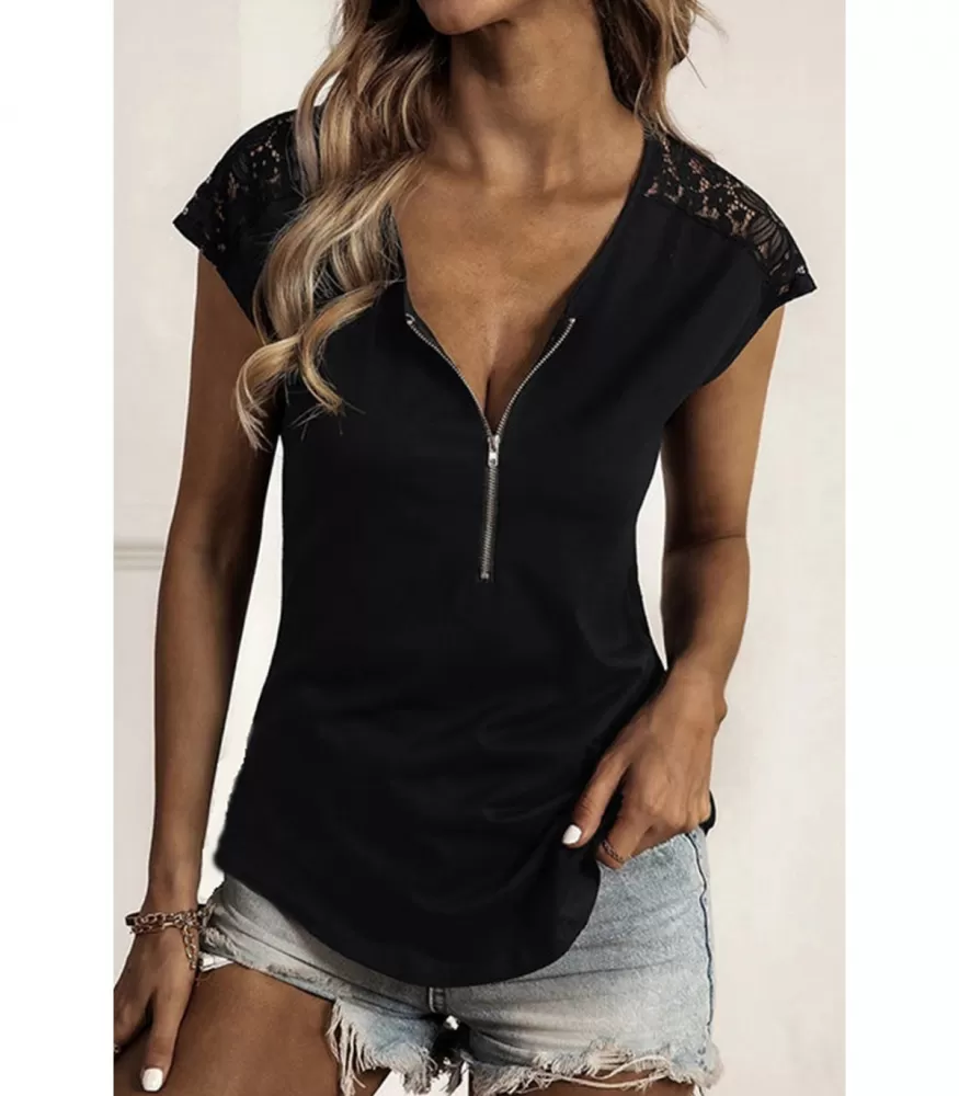 Black short-sleeved zipper shirt with lace