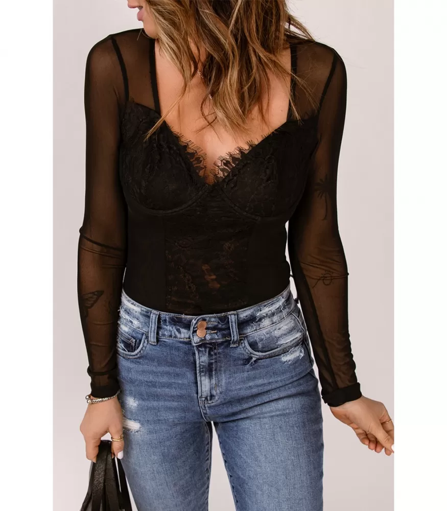 Black v-lace body with mesh sleeves