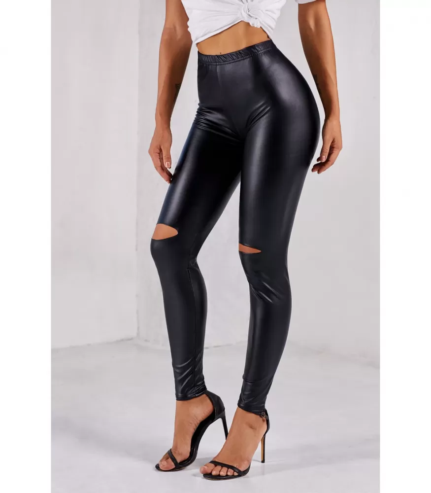 Black wetlook leggings with knee slits